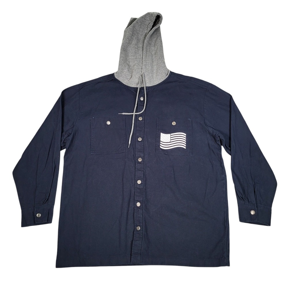 Wrangler Shirt Jacket Men L Hooded Canvas Workwear Navy Blue American Flag Snap